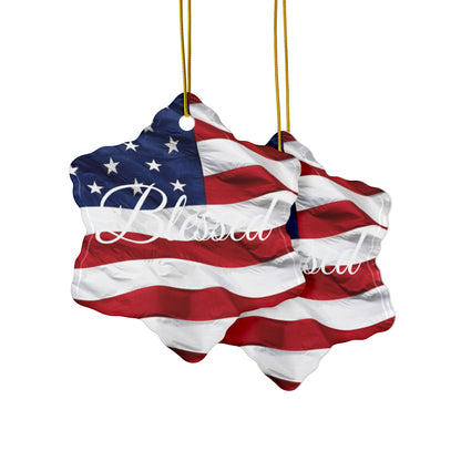 Ceramic Ornaments - White Blessed Print - American Flag Backdrop - Red White & Blue Design (1-10pcs)