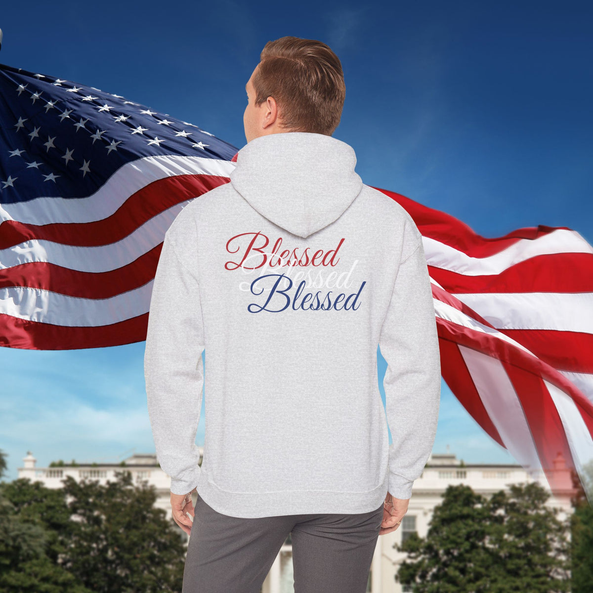 Blessed Hoodie - Patriotic Red White Blue - Unisex Pullover - Front & Back Print - S-5XL