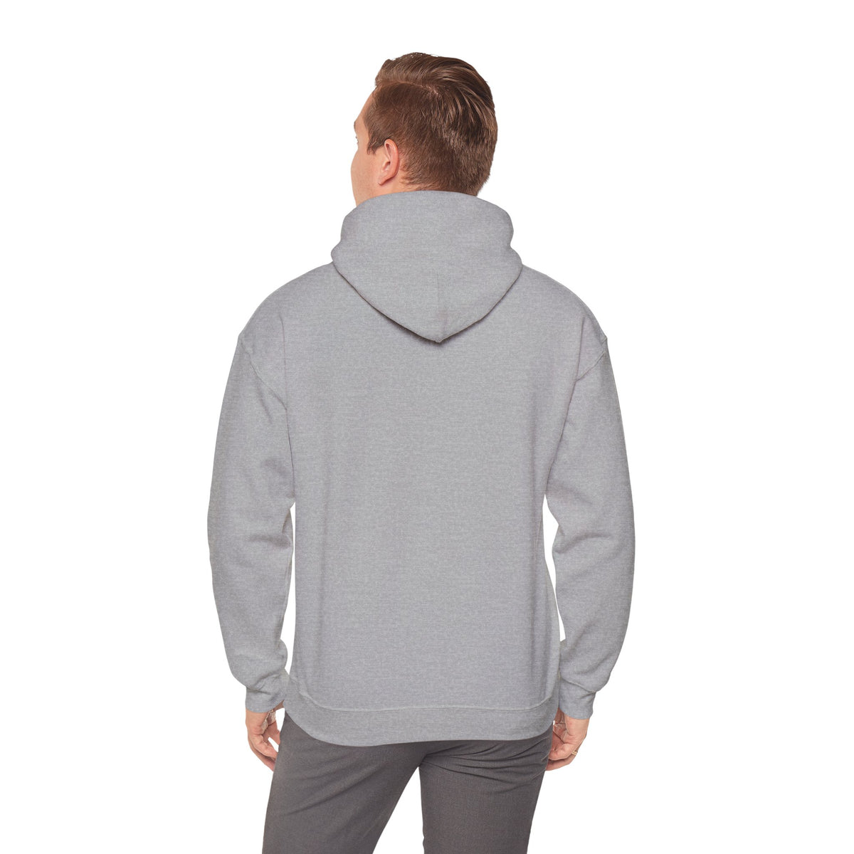 A person wearing a light gray hoodie, pictured from the back against a white background.