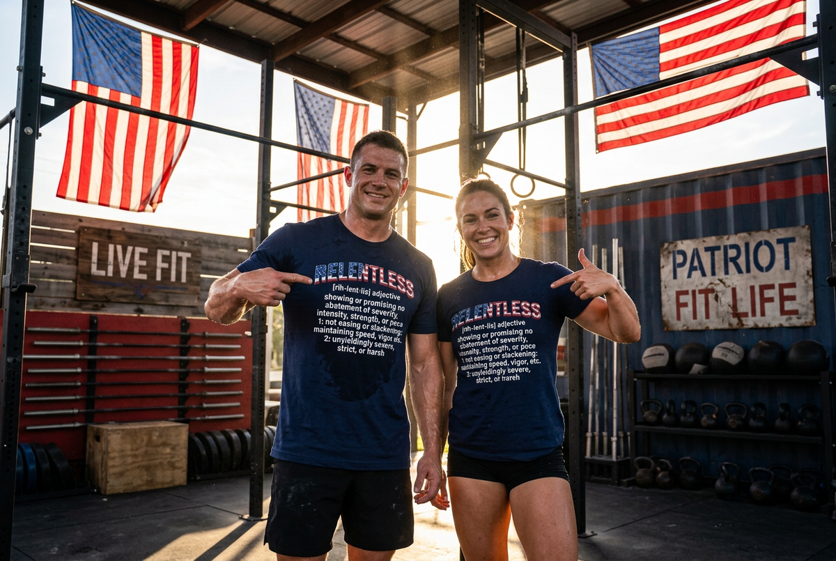 A man and a woman standing in a gym under American flags, both wearing matching navy blue t-shirts with white text that reads 'RELENTLESS' and a patriotic slogan below it.