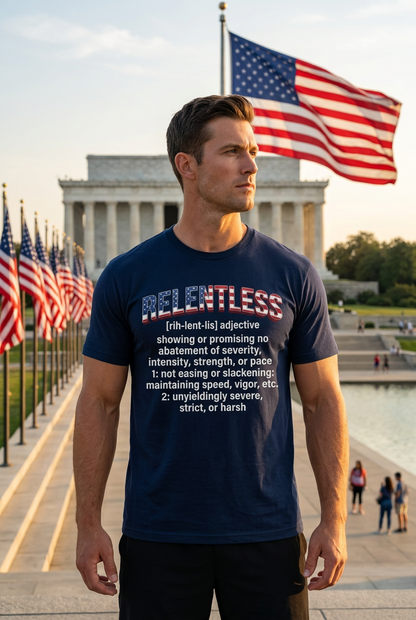 Patriot Fit Life Relentless Definition T-Shirt - American Flag Lettering | Unisex XS-4XL