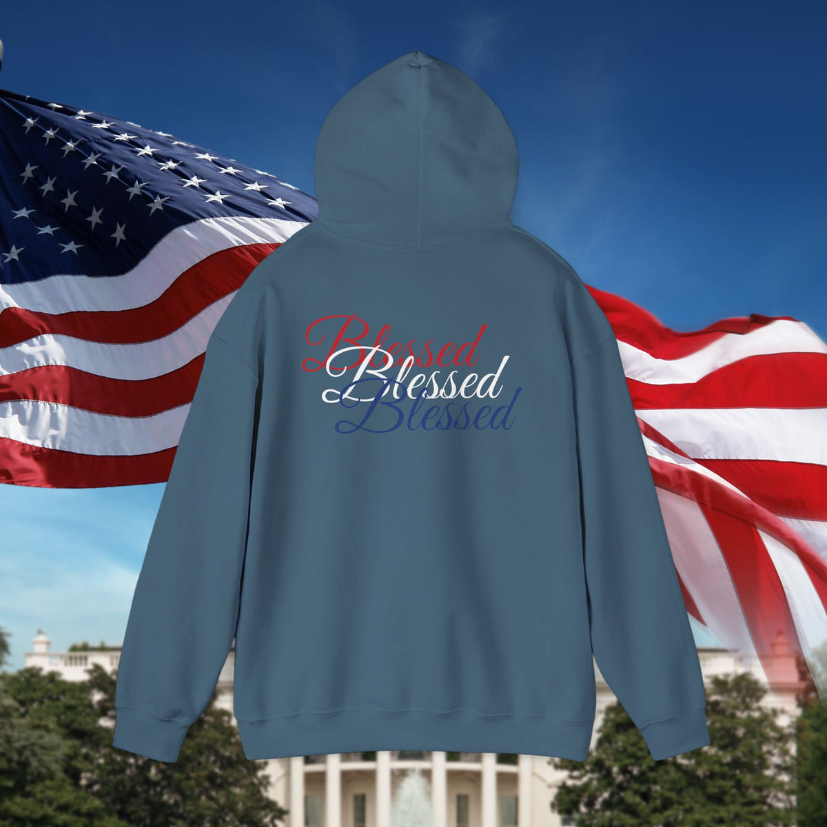Blessed Hoodie - Patriotic Red White Blue - Unisex Pullover - Front & Back Print - S-5XL