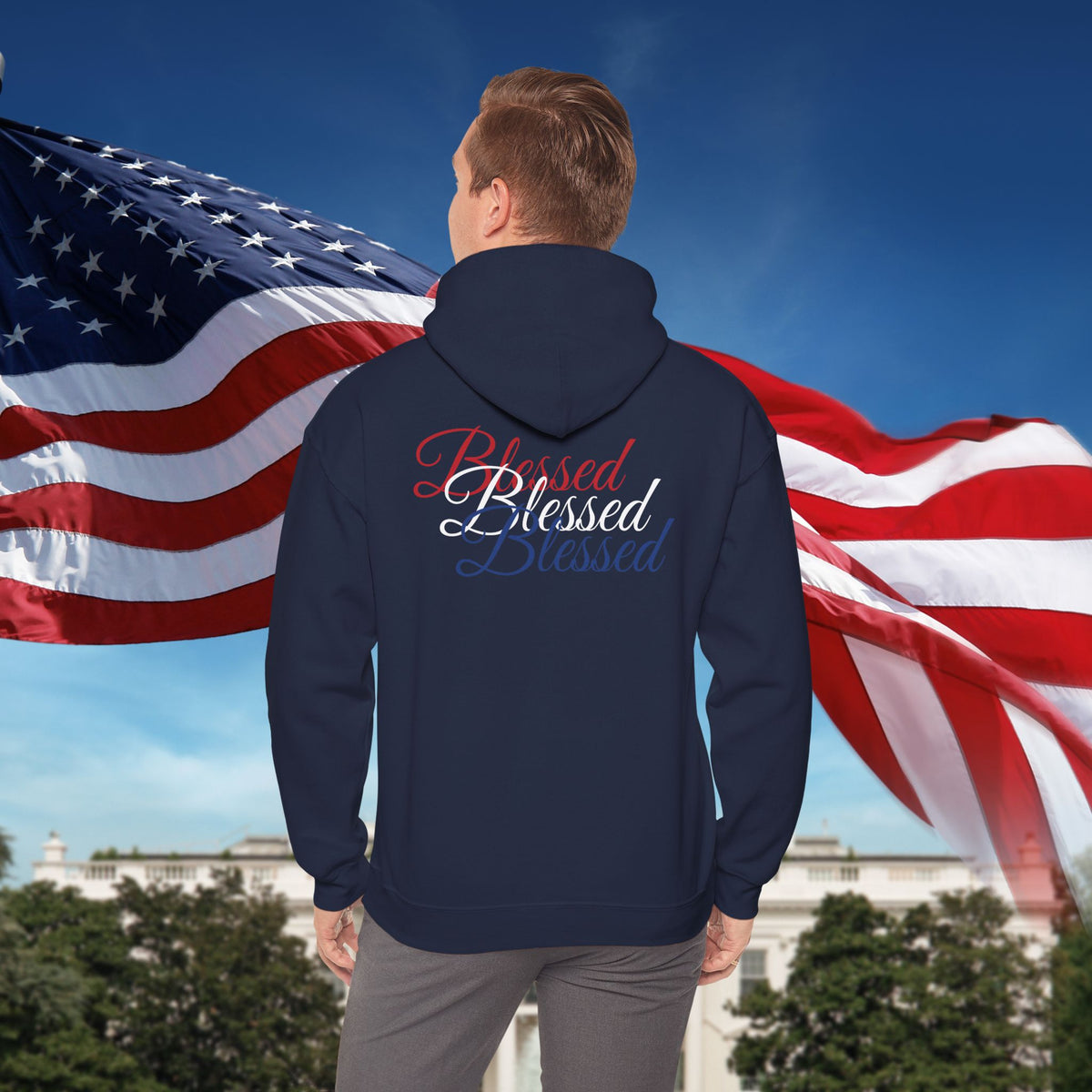 Blessed Hoodie - Patriotic Red White Blue - Unisex Pullover - Front & Back Print - S-5XL