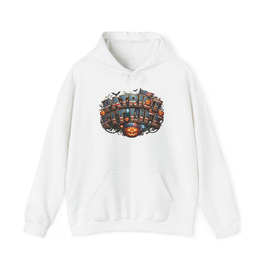 White hoodie with a PATRIOT FIT LIFE Halloween graphic design against a white background.