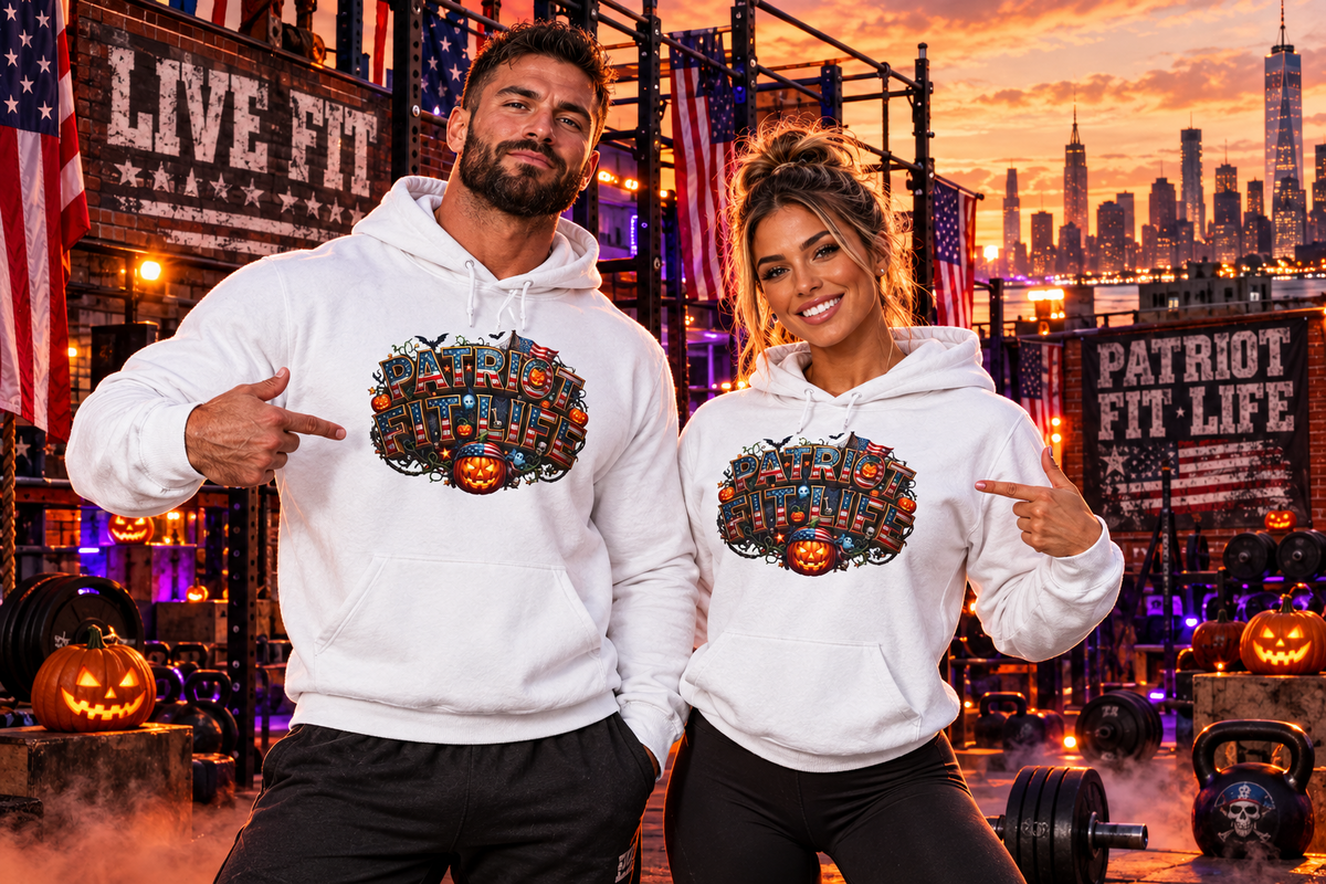 A man and a woman pose together in a gym setting at sunset, wearing matching white hoodies with a large patriotic Halloween-themed graphic on the chest with PATRIOT FIT LIFE text. The background features gym equipment, American flags, jack-o'-lanterns, and a city skyline at dusk.