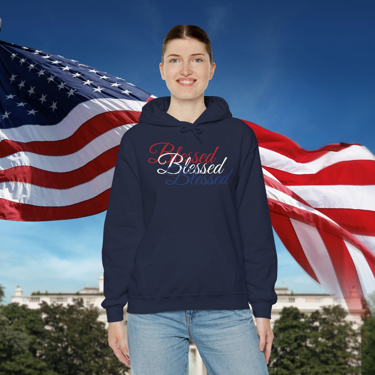 Blessed Hoodie - Patriotic Red White Blue - Unisex Pullover - Front & Back Print - S-5XL