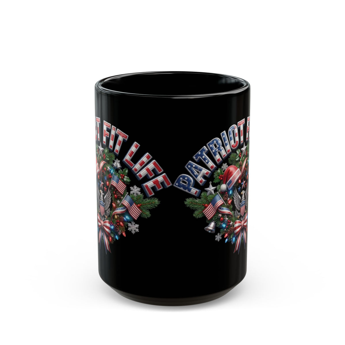 Patriot Fit Life Christmas Coffee Mug - Eagle Wreath with Flags, Lights & Stars Bow | 11oz & 15oz