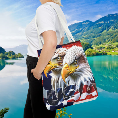 Patriotic - USA - Bald Eagles - Tote Bag - All Over Print - American Flag Design - Five Different Handle Colors - Red - Navy - Black - Beige - White- Different Print On Both Sides