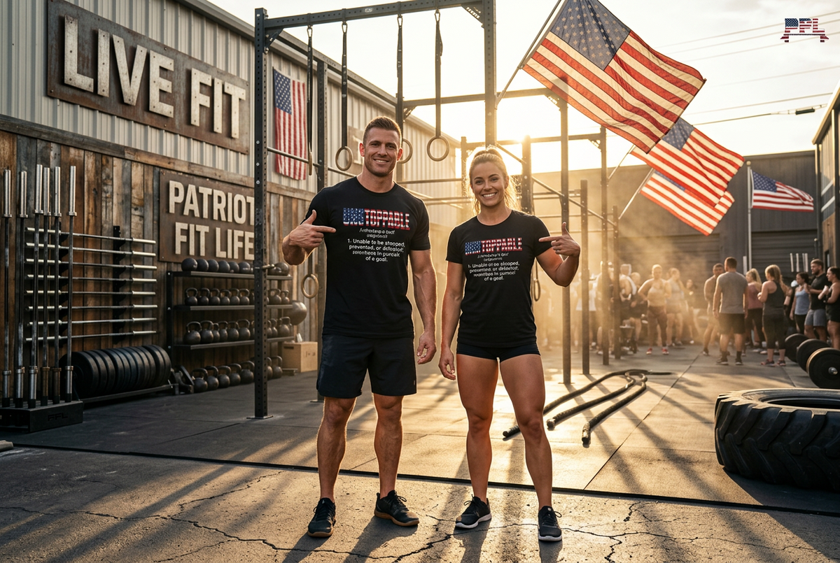 Two people standing in a gym wearing matching black t-shirts with a patriotic graphic that reads 'UNSTOPPABLE' with a red, white, and blue flag design. The background shows a rustic gym with weight racks, tires, and American flags in the warm golden hour sunlight.