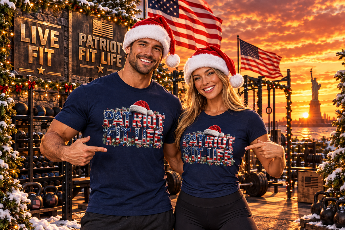 A man and a woman wearing matching navy blue t-shirts with a festive 'Patriot Fit Life' holiday graphic, posing together in front of a snowy outdoor gym at sunset with American flags and the Statue of Liberty in the background.