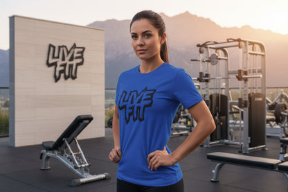 Blue t-shirt with 'LIVE FIT' text in a gym setting