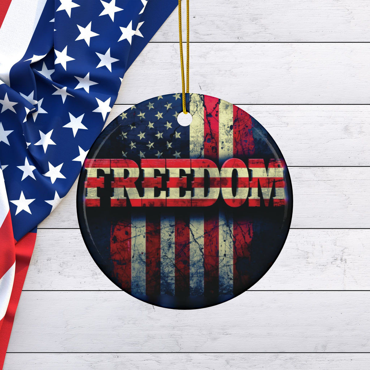 Patriotic Ornaments - Freedom American Flag Design - Red White & Blue - Same Design Both Sides
