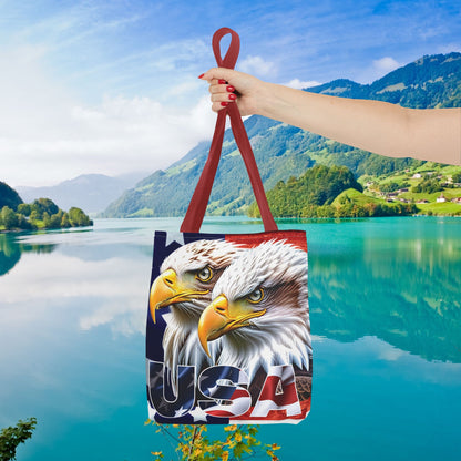 Patriotic - USA - Bald Eagles - Tote Bag - All Over Print - American Flag Design - Five Different Handle Colors - Red - Navy - Black - Beige - White- Different Print On Both Sides