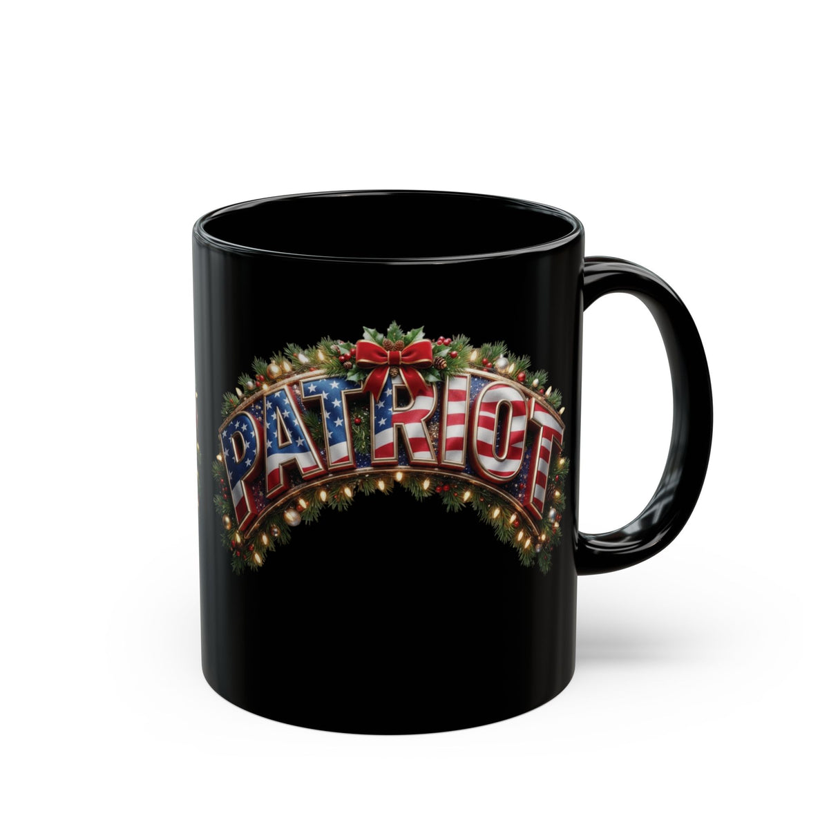 A black ceramic mug with a festive 'PATRIOT' holiday design featuring an American flag pattern, lights, and a red bow, shown against a white background.