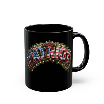 A black ceramic mug with a festive 'PATRIOT' holiday design featuring an American flag pattern, lights, and a red bow, shown against a white background.