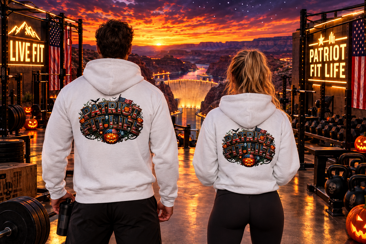 Two people standing in a gym wearing matching white hoodies with a large back Halloween graphic featuring pumpkins and the words 'PATRIOT FIT LIFE.' The background shows a dramatic sunset over the Hoover Dam with 'LIVE FIT' and 'PATRIOT FIT LIFE' signs, kettlebells, and pumpkins.