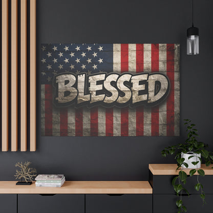 Blessed Vintage American Flag Canvas Wall Art - Patriotic Home Decor