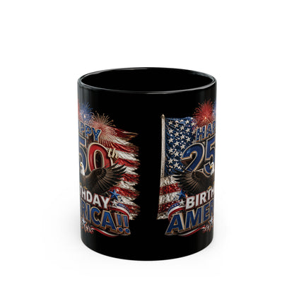 Happy 250th Birthday America Mug | 1776-2026 Patriotic Eagle Flag & Fireworks Black Coffee Cup