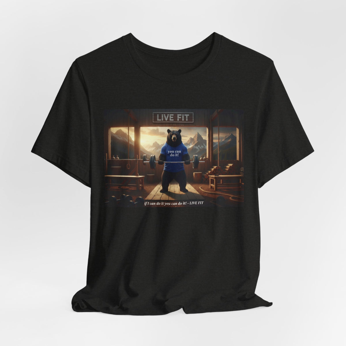 LIVE FIT Bear Graphic Tee - Motivational Gym Workout T-Shirt - Unisex Fitness Apparel