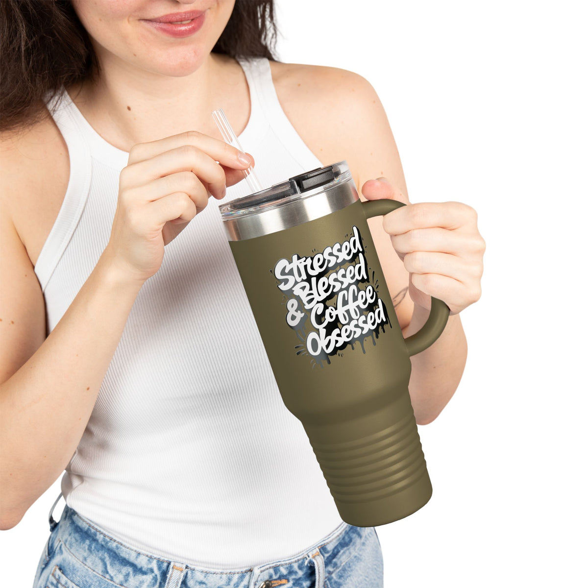 Stressed Blessed & Coffee Obsessed 40oz Travel Mug - Insulated - 7 Colors