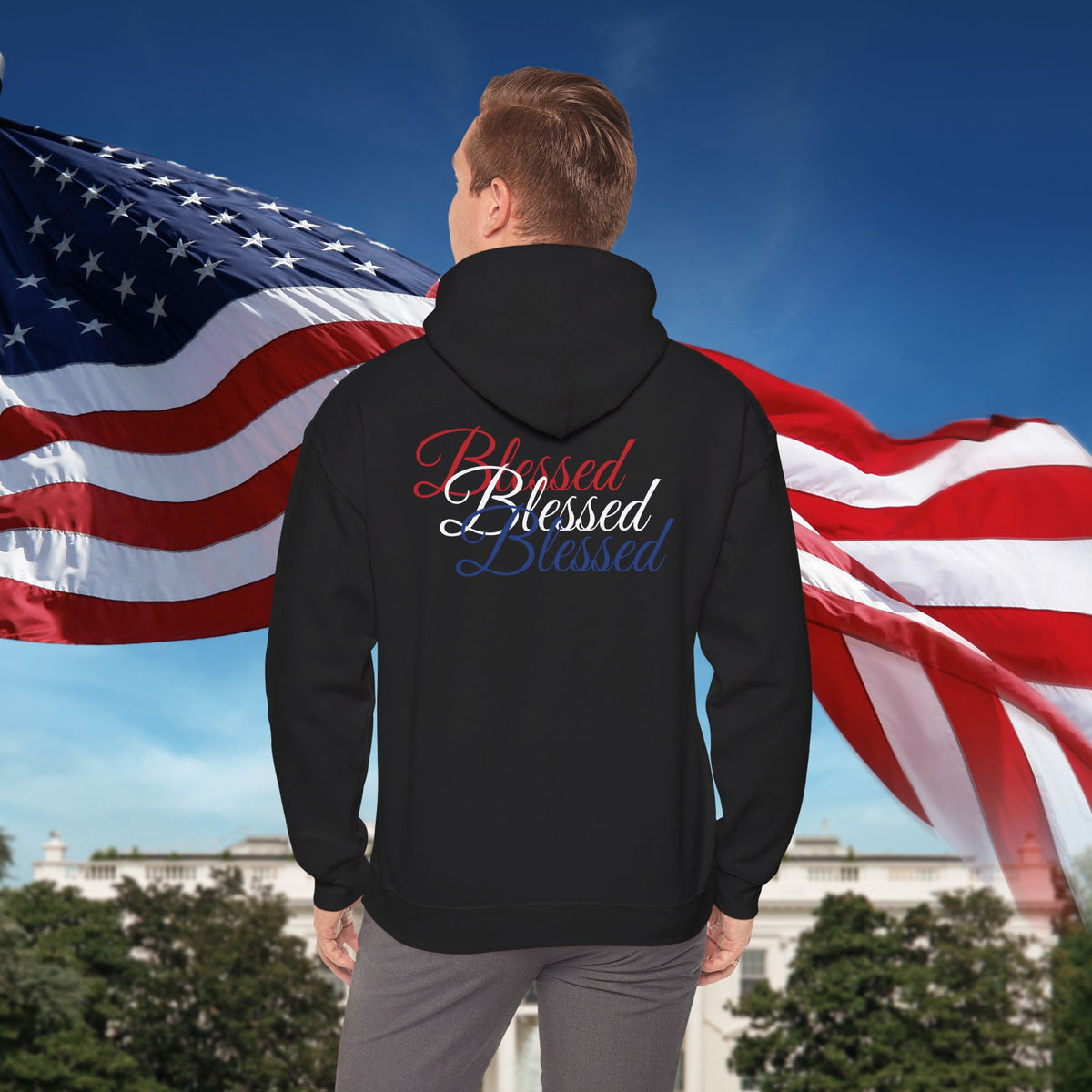Blessed Hoodie - Patriotic Red White Blue - Unisex Pullover - Front & Back Print - S-5XL