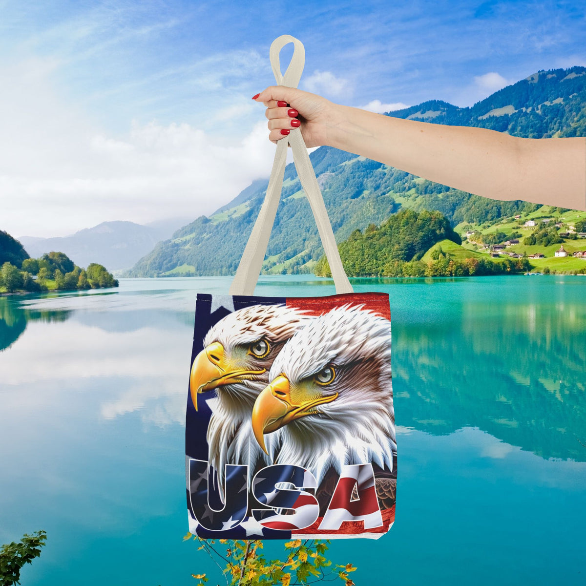 Patriotic - USA - Bald Eagles - Tote Bag - All Over Print - American Flag Design - Five Different Handle Colors - Red - Navy - Black - Beige - White- Different Print On Both Sides