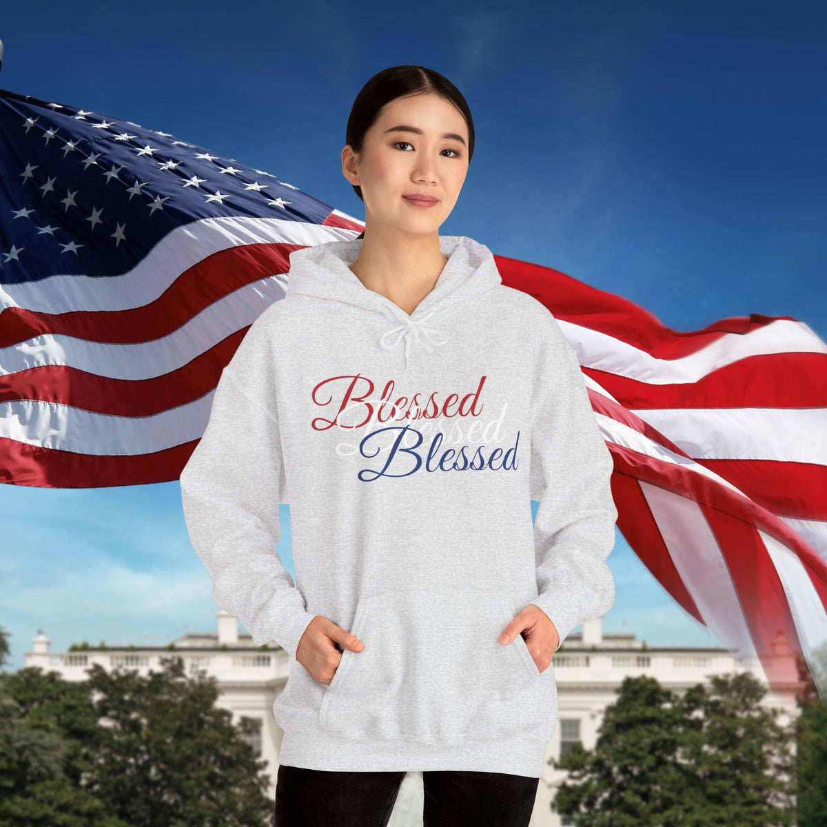Blessed Hoodie - Patriotic Red White Blue - Unisex Pullover - Front & Back Print - S-5XL