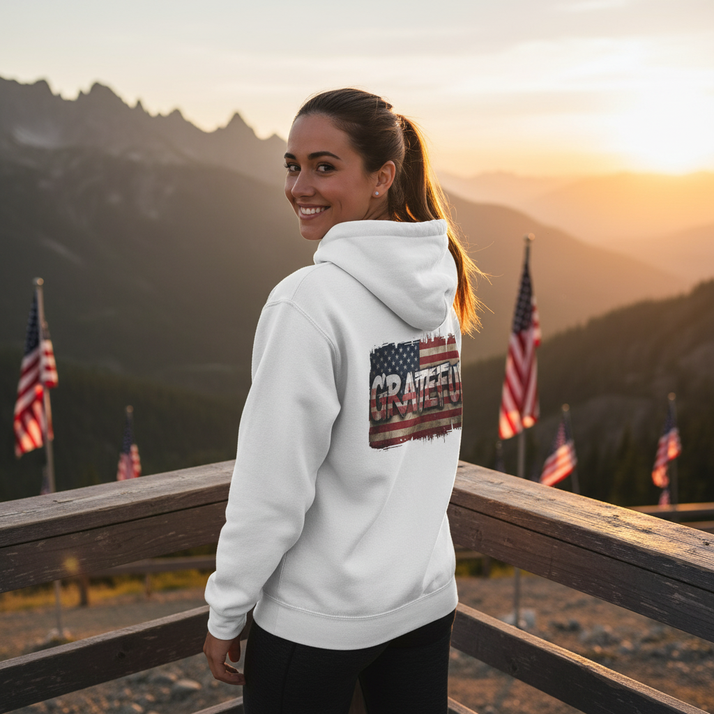 Grateful - Champion Hoodie - Vintage American Flag Design - Red White Blue - Unisex S-3XL