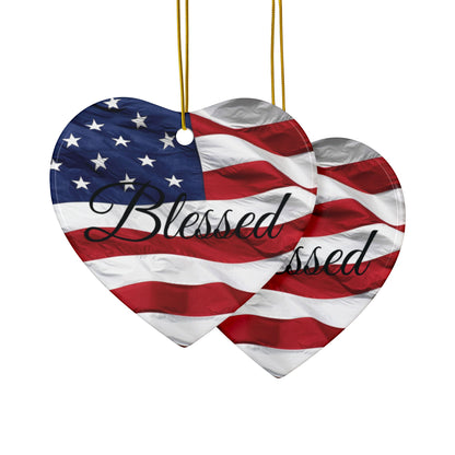 Ceramic Ornaments - Patriotic - Blessed Print - American Flag Backdrop - Red White & Blue
