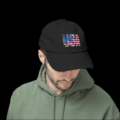 USA Distressed Flag Cap - Unisex Cotton Twill Hat - Patriotic Headwear