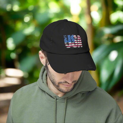 USA Distressed Flag Cap - Unisex Cotton Twill Hat - Patriotic Headwear