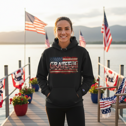 Grateful - Champion Hoodie - Vintage American Flag Design - Red White Blue - Unisex S-3XL