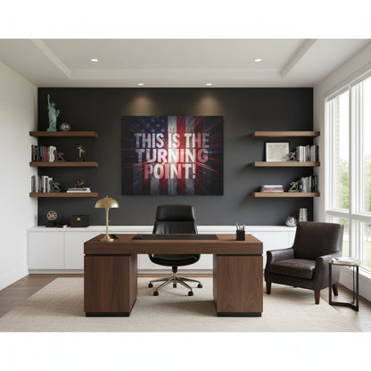 Modern office setup with a large desk, chair, and hanging canvas wall art with an American flag backdrop with the text This Is The Turning Point! in a well-lit room.