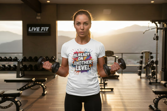 White t-shirt with colorful graphic and text 'Already on Another Level.'