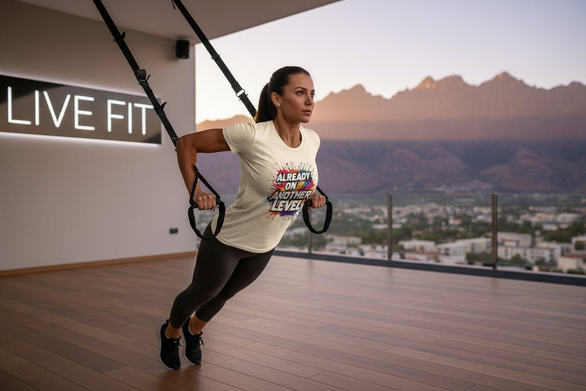 Beige t-shirt with colorful text 'Already on Another Level' with a LIVE FIT sign and mountains in the background.