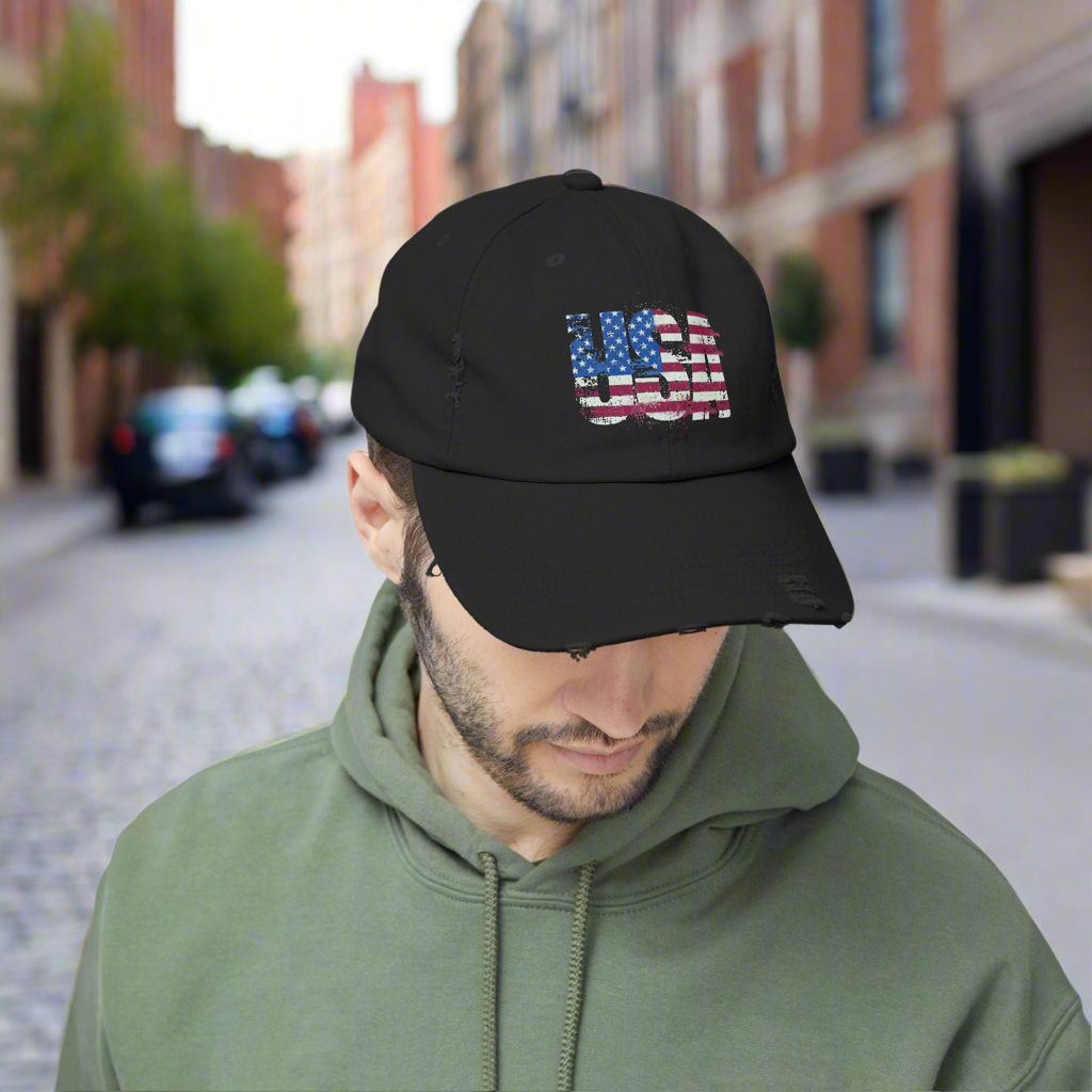 USA Distressed Flag Cap - Unisex Cotton Twill Hat - Patriotic Headwear