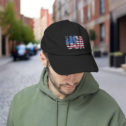 USA Distressed Flag Cap - Unisex Cotton Twill Hat - Patriotic Headwear