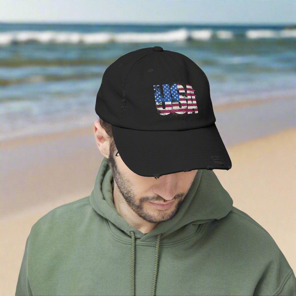 USA Distressed Flag Cap - Unisex Cotton Twill Hat - Patriotic Headwear