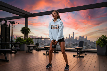 Light blue hoodie with 'Everything Hurts' text and a barbell graphic with a gym skyline background.