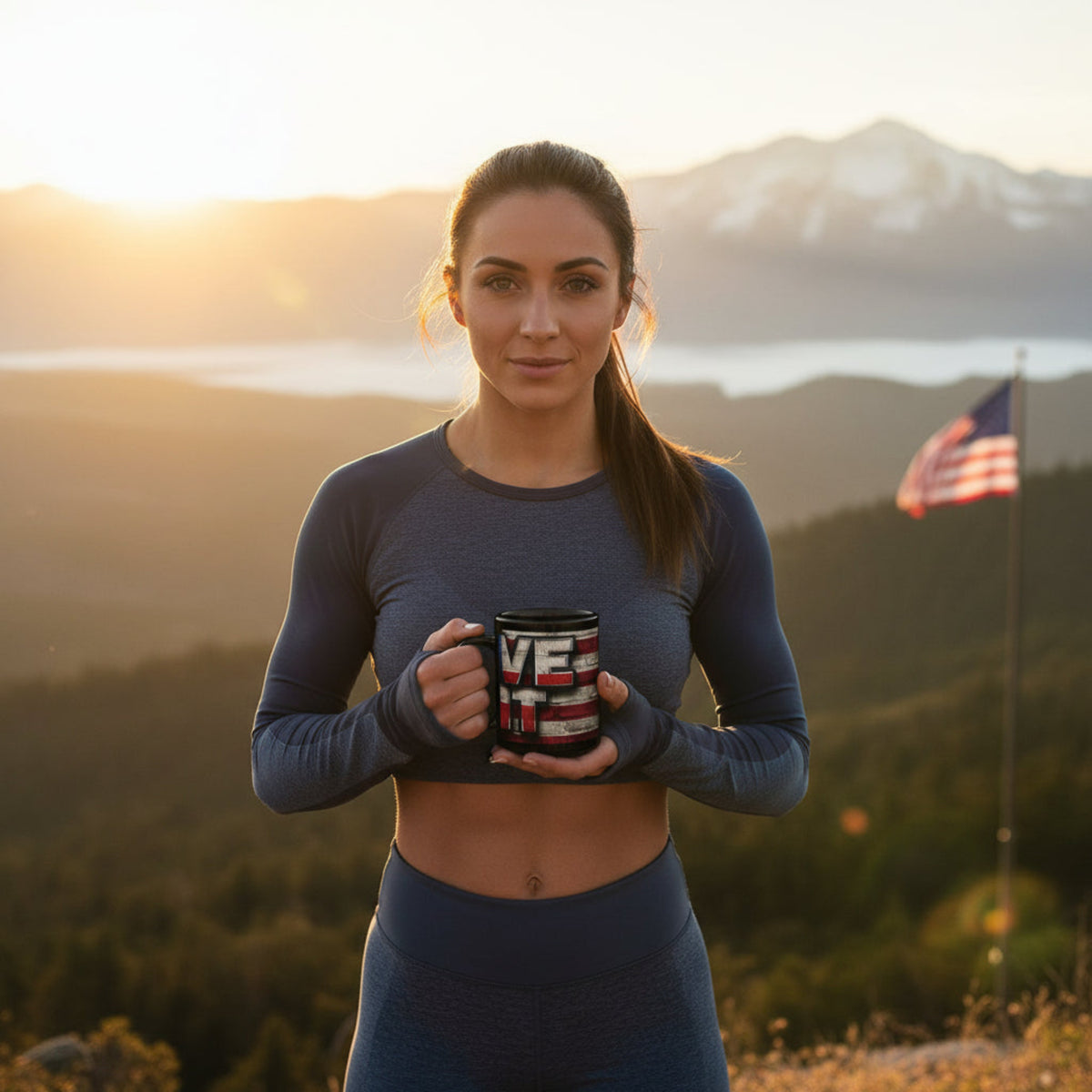 Woman holding a mug with mountains and an American flag in the background