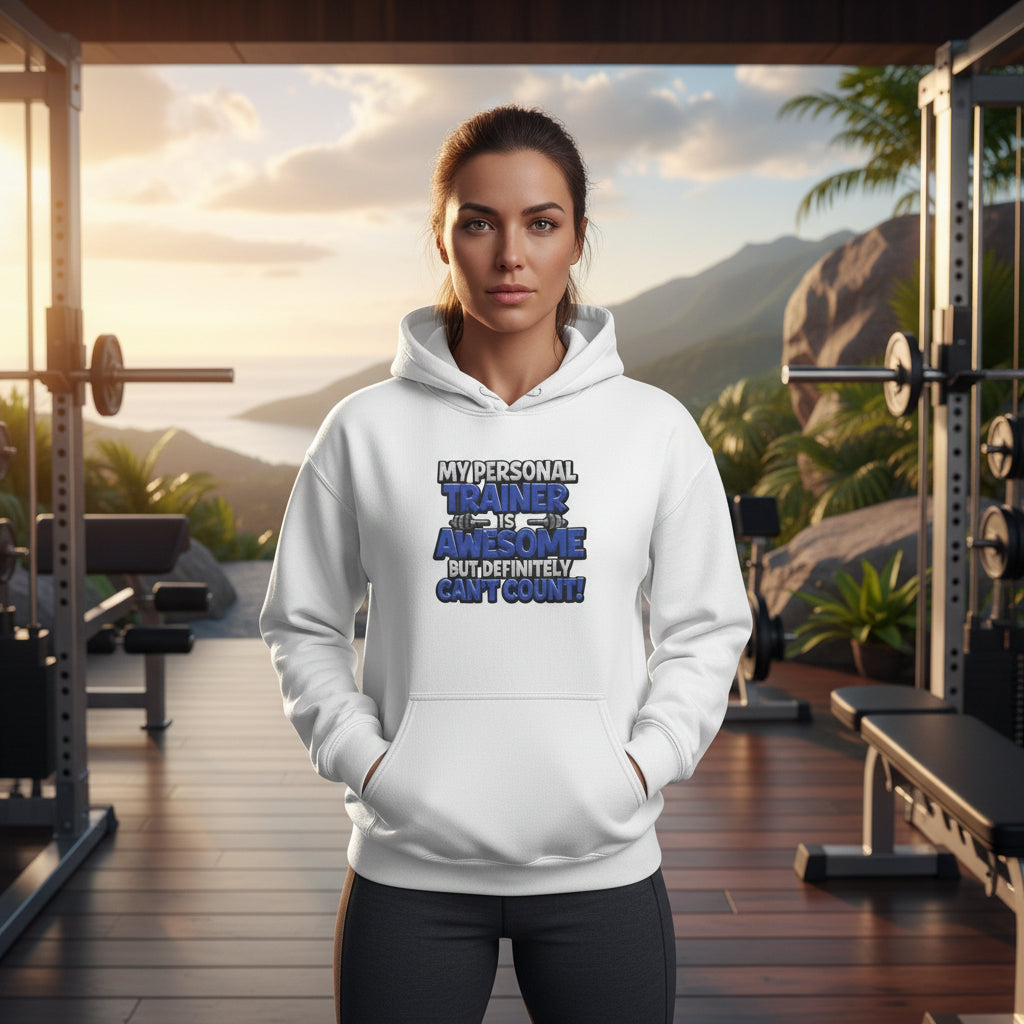 A woman wearing a white hoodie with text on it that says, My Personal Trainer Is Awesome But Definitely Can't Count!, standing in an outdoor gym with a city skyline in the background.