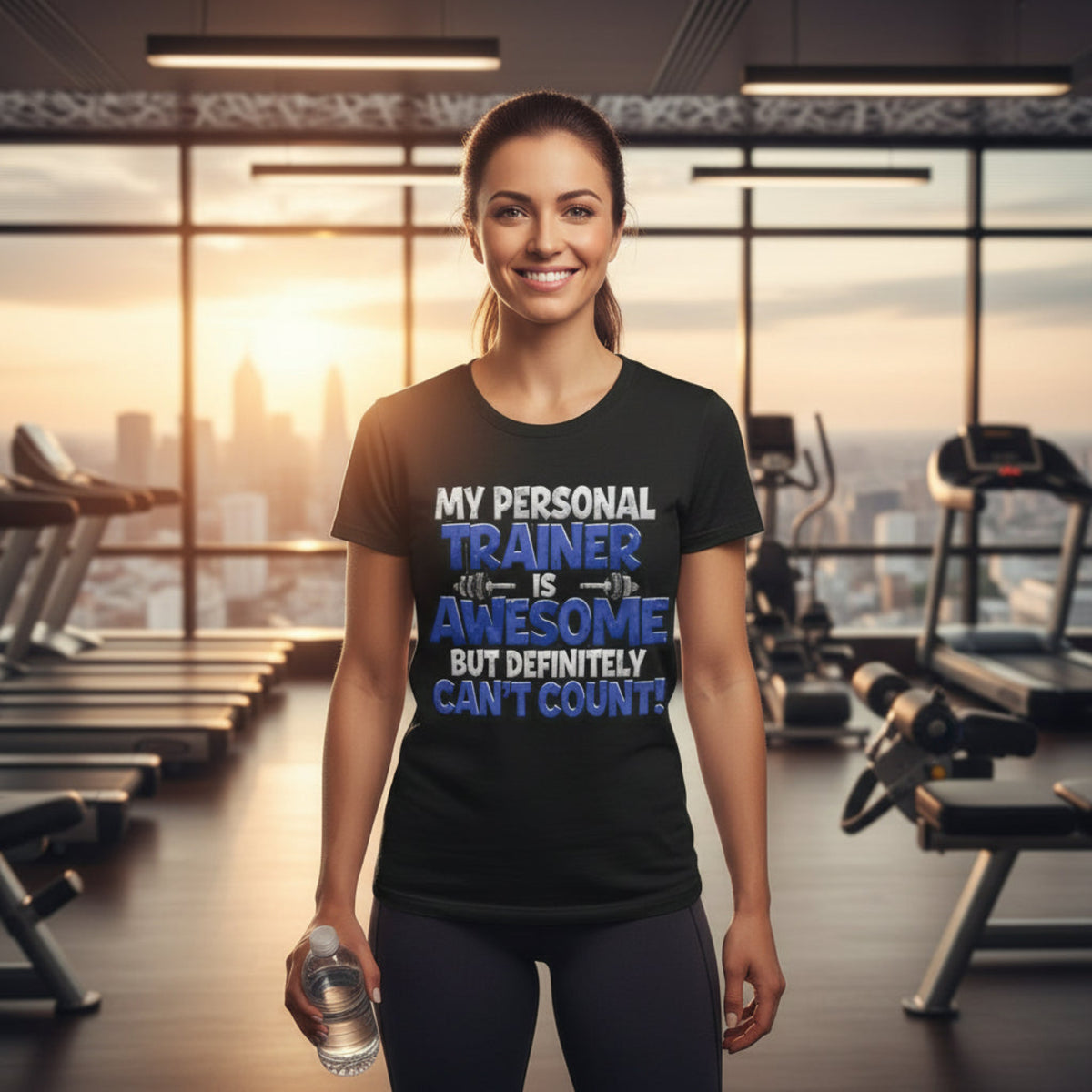 Woman in a gym wearing a t-shirt that says, My Personal Trainer Is Awesome But Definitely Can't Count! a humorous message. 
