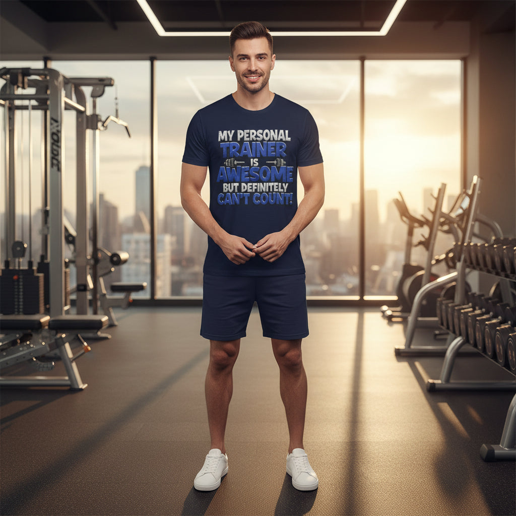Man wearing a navy blue t-shirt with humorous text design with a gym background