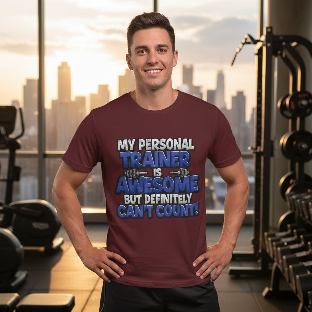 A man wearing a maroon t-shirt with a humorous text design that says, My Personal Trainer Is Awesome But Definitely Can't Count! with a gym setting background.