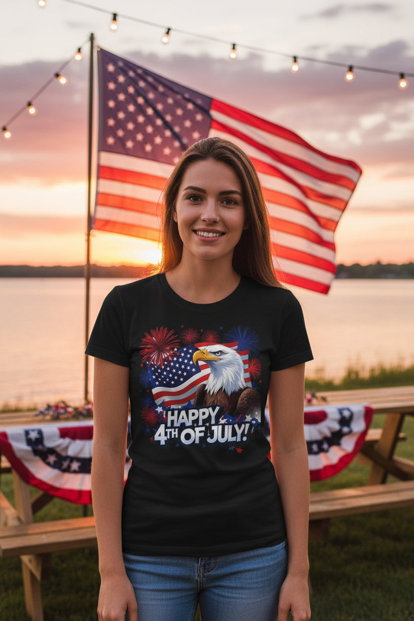 A woman wearing a 'Happy 4th of July!' t-shirt with an American flag in the background.