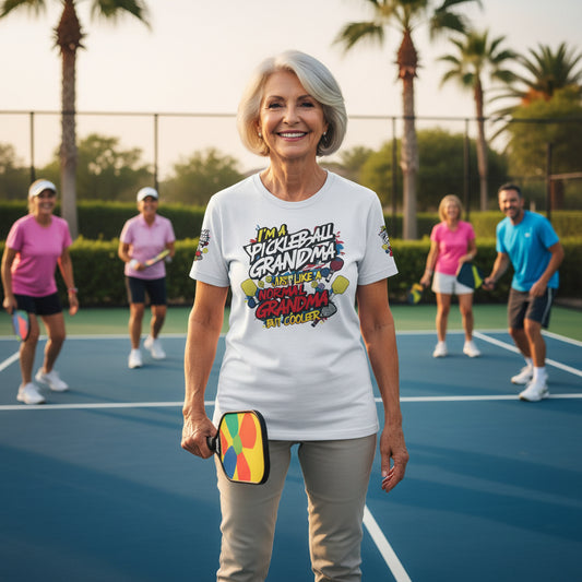 Woman wearing a 'Pickleball Grandma' shirt on a tennis court with pickleball players in the background.