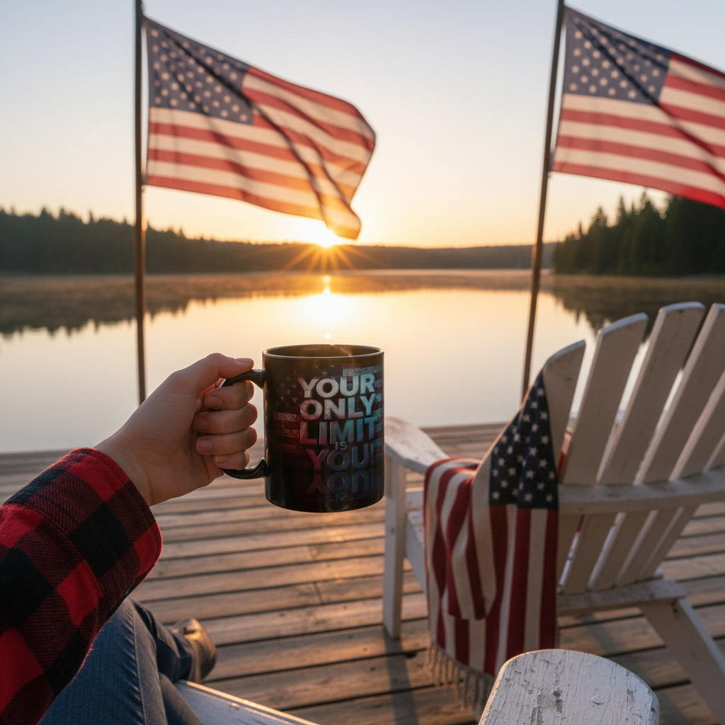 Person holding a mug with 'Your Only Limit Is You!' text by a lake with American flags at sunset.