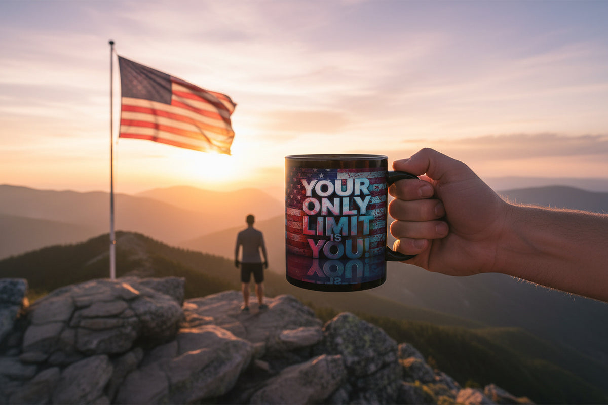 Person holding a mug with an inspirational quote that says Your Only Limit Is You! on a mountaintop with an American flag.