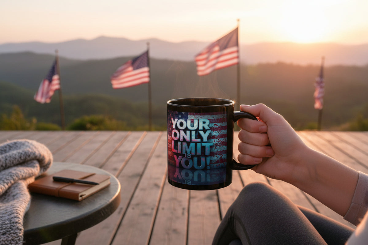 Person holding a mug with a scenic view of mountains and American flags in the background.