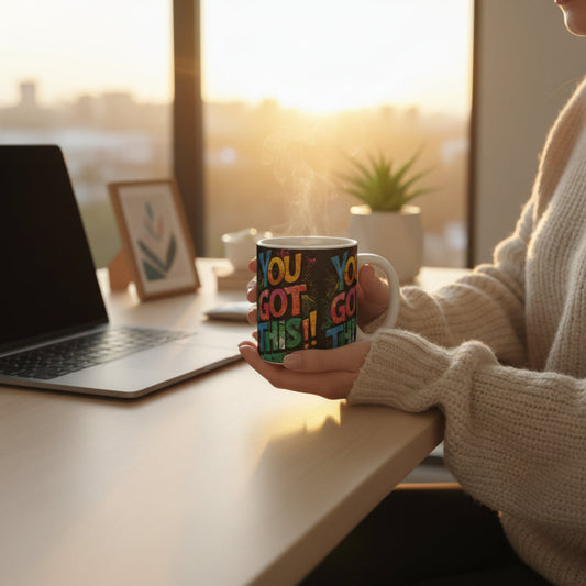 Person holding a mug with 'YOU GOT THIS!!' text in a cozy home setting with a laptop and window view.